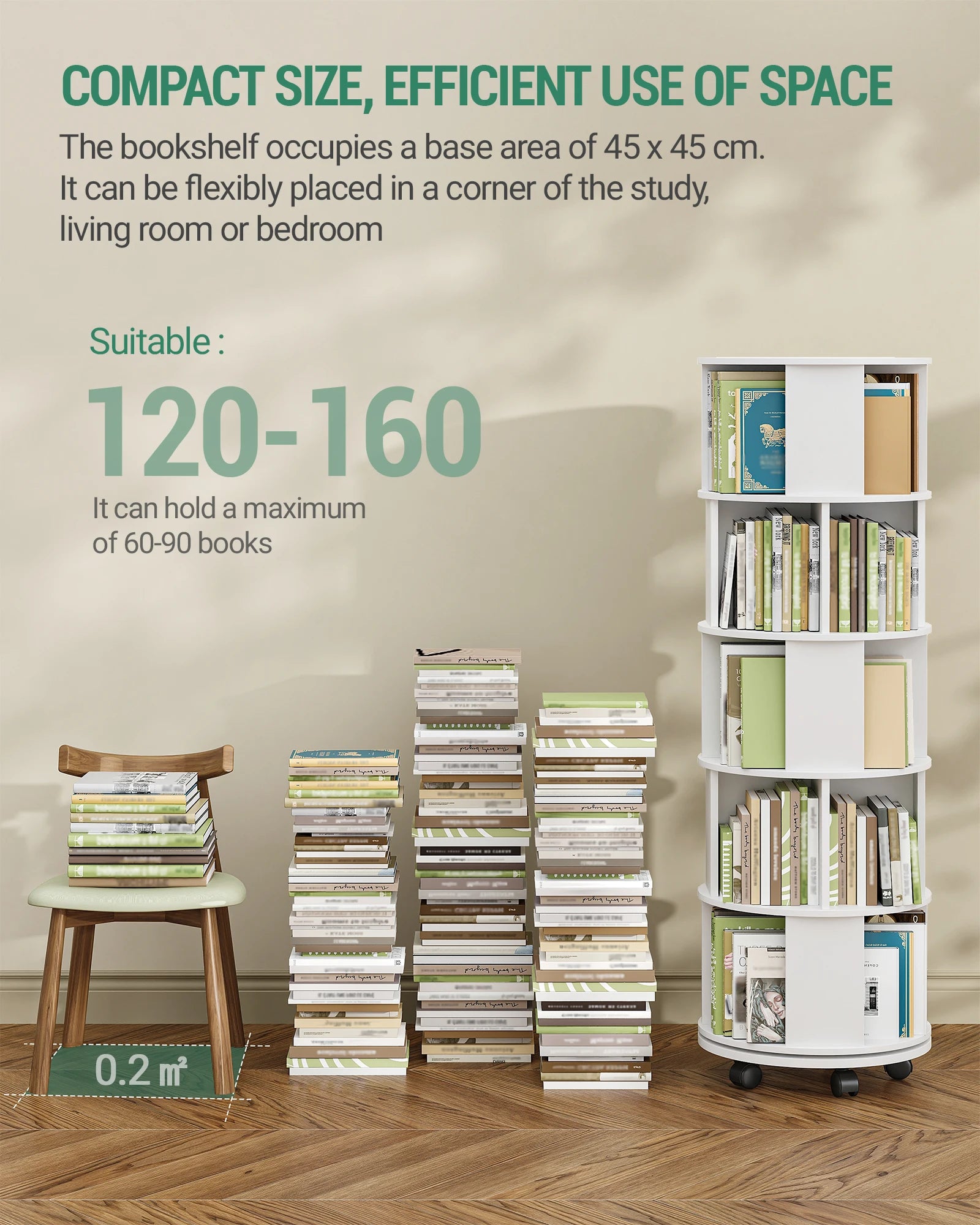 Draaibare Boekenkast 5‑Laags – 360° Roterend Boekenrek met Wielen – Wit
