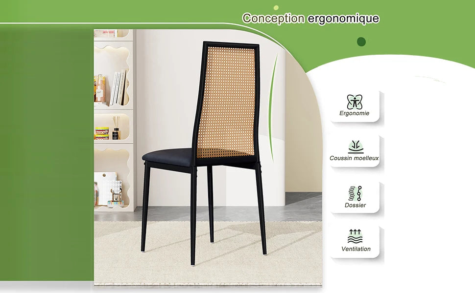 Retro Eetkamerstoelen Set van 2 met Rieten Rugleuning – Comfortabele Gestoffeerde Zitting, Stevig IJzeren Frame, Antislipvoetjes – Voor Keuken, Eetkamer & Terras
