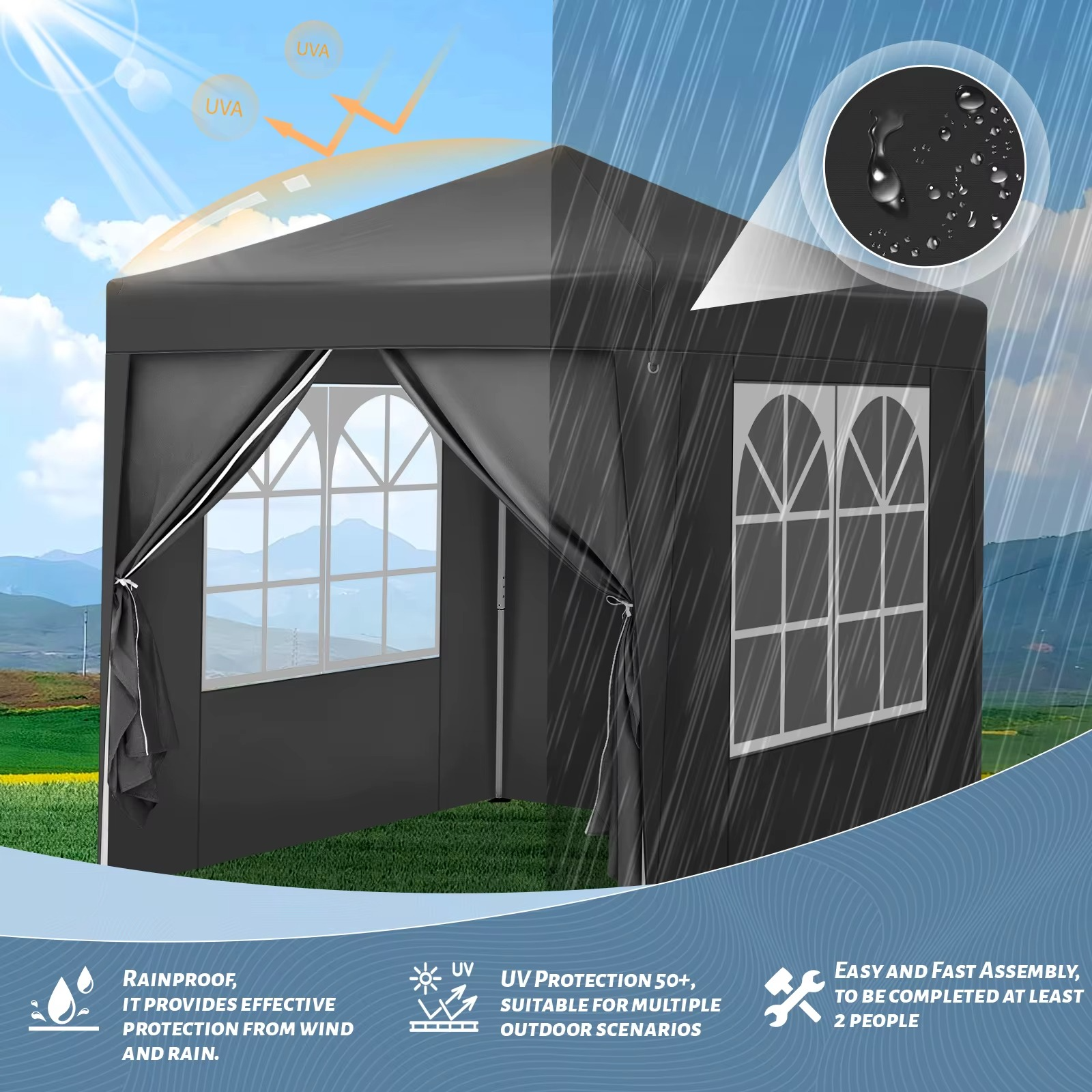 Easy Up Partytent 2×2 m – Opvouwbaar Paviljoen met 4 Zijwanden