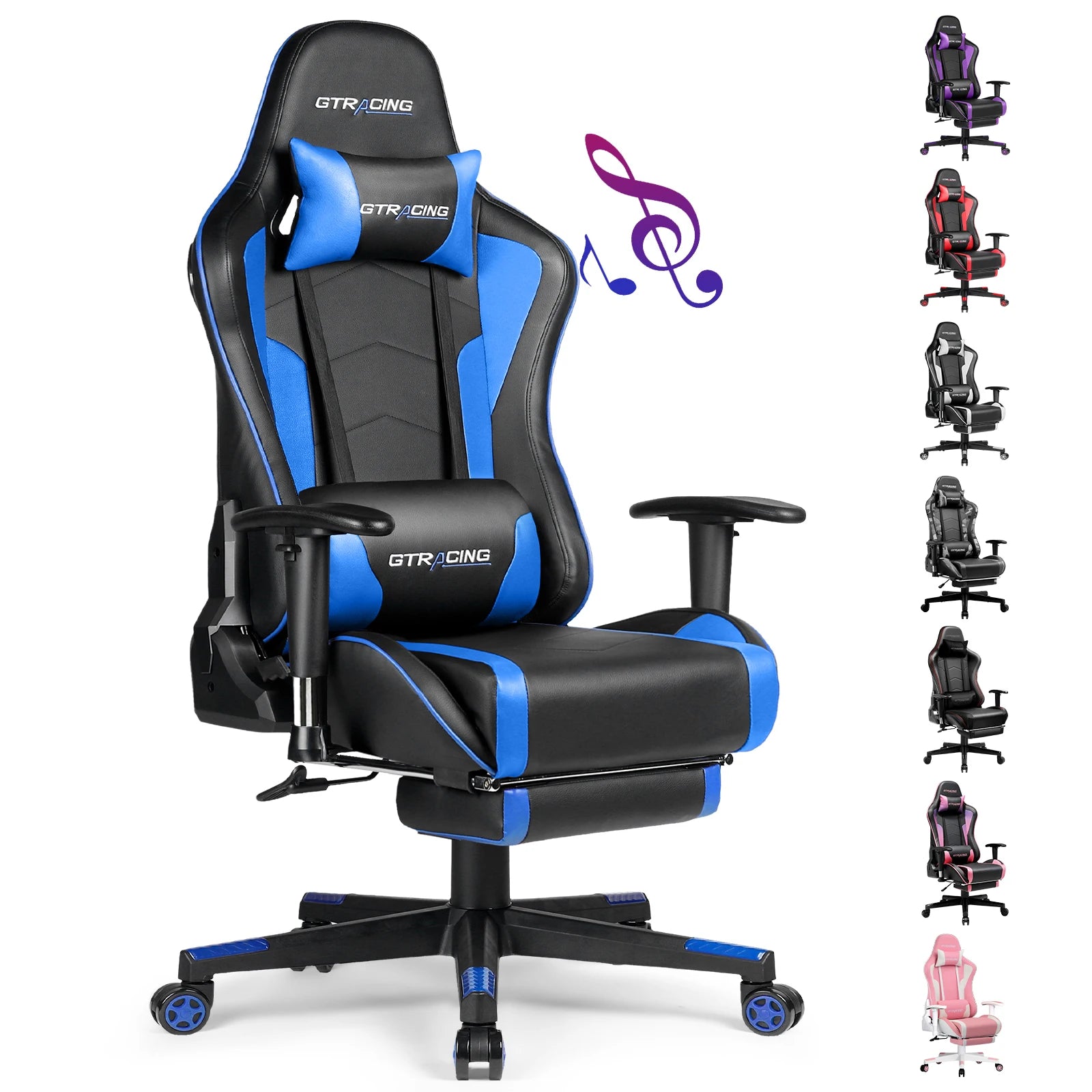 Gamingstoel met Bluetooth Speakers – Ergonomische Bureaustoel met Voetensteun en PU Leer (Recline 150°)
