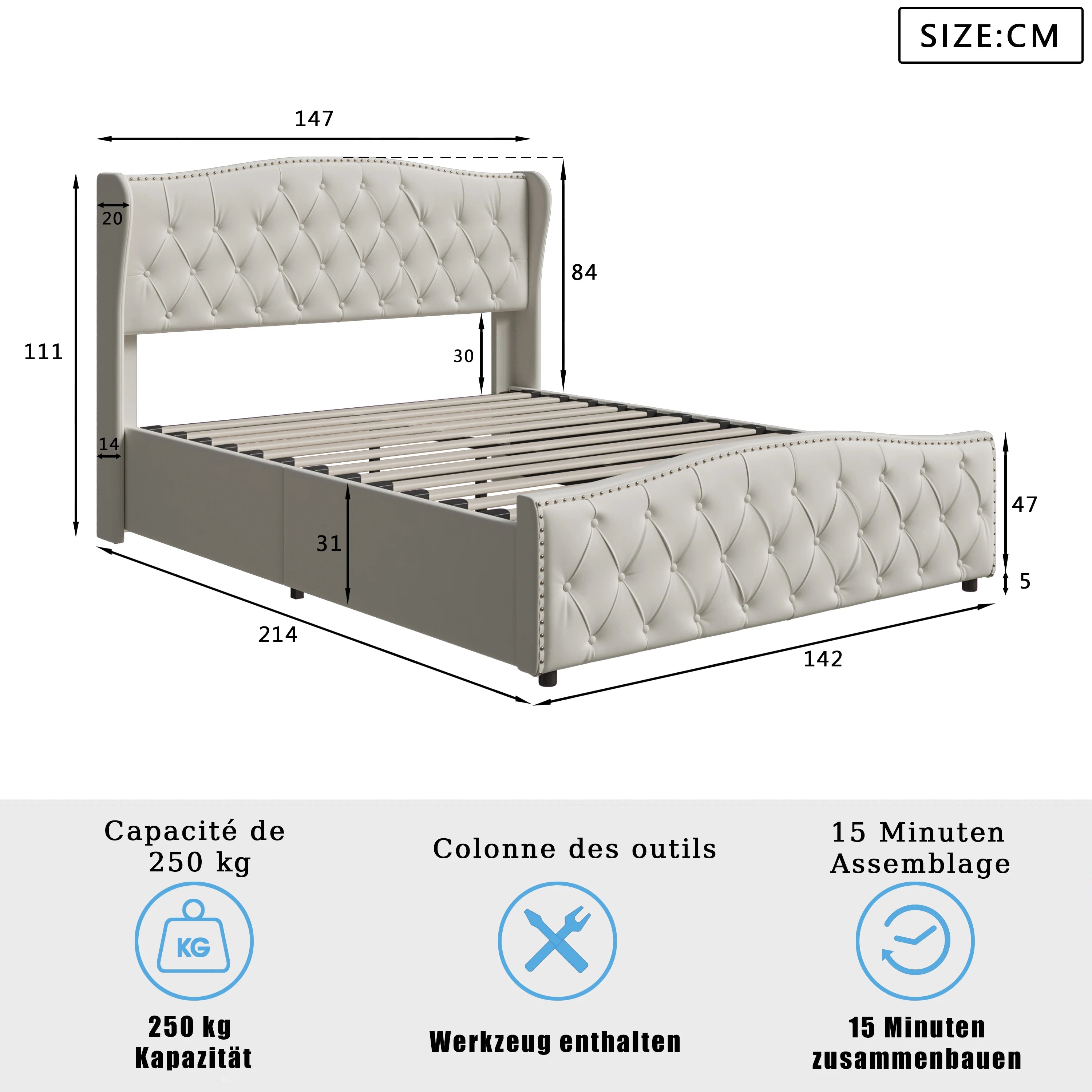 Tweepersoonsbed met opbergruimte 140x200 cm – Stijlvol & functioneel