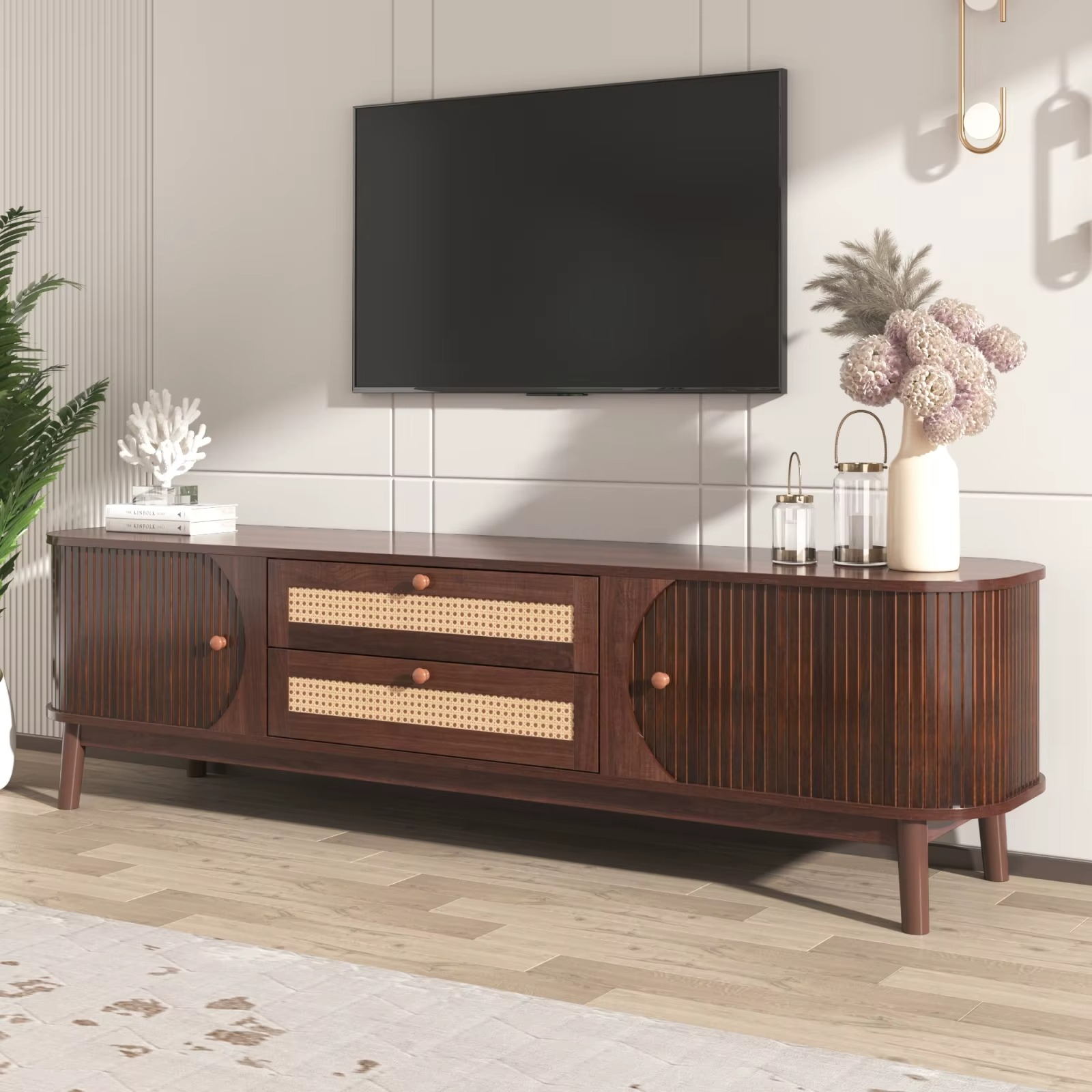 Houten TV Kast Landelijk met Rotan Lades en Deuren – Massief Hout TV Meubel Walnootkleur