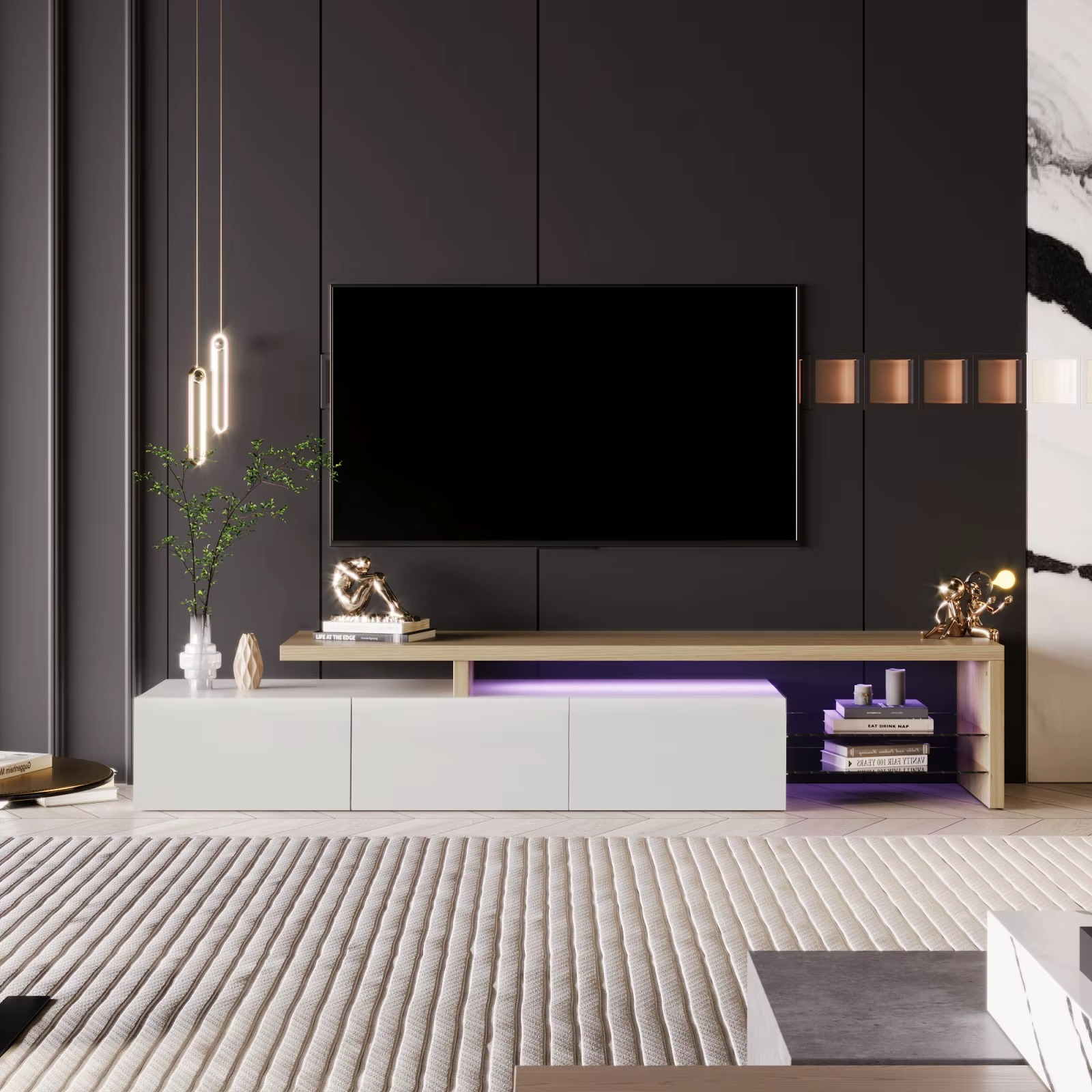 Moderne TV-Meubel 200×42×39 cm – Hoogglans Lowboard met LED & Glazen Planken