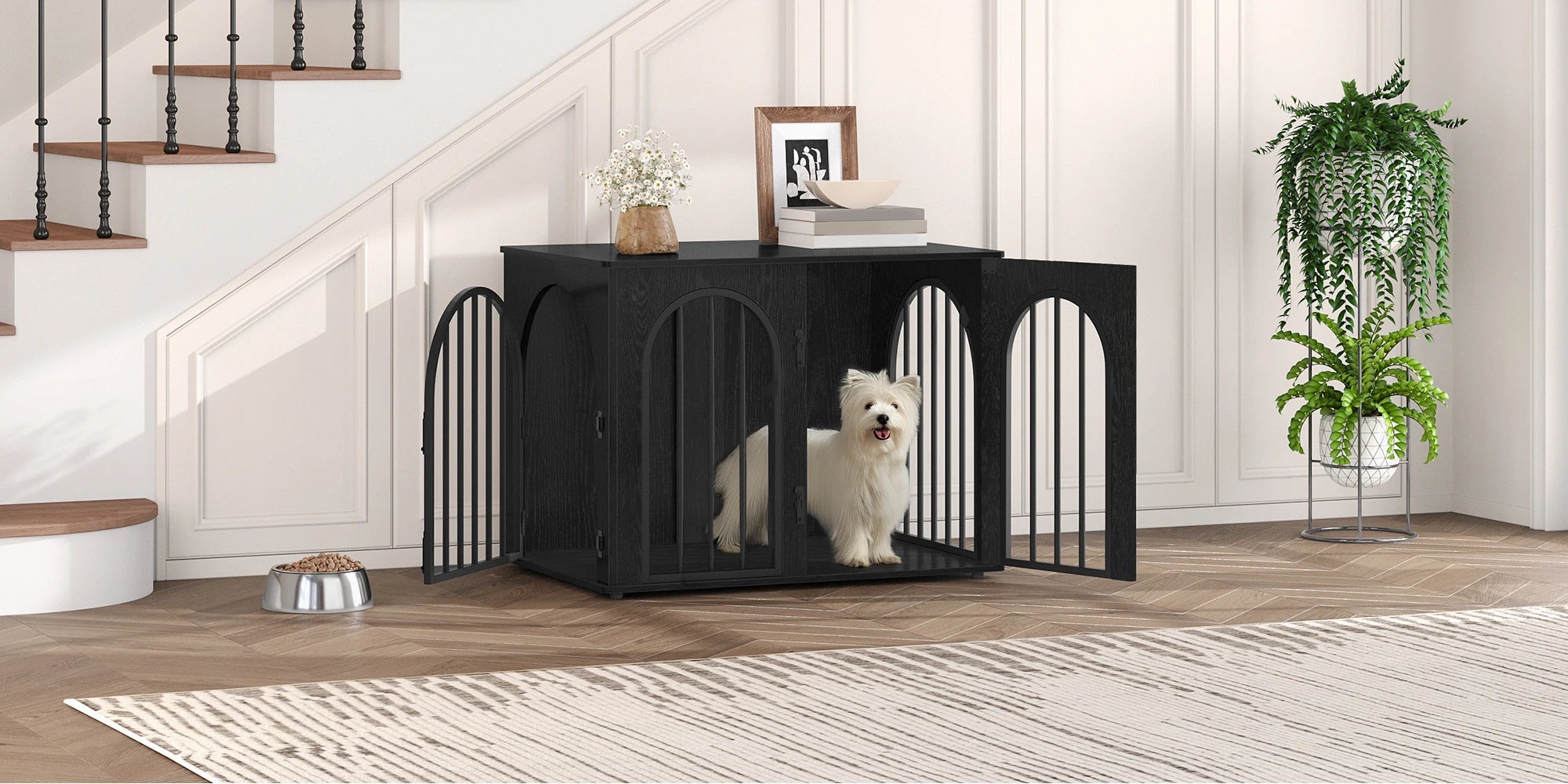 Houten Hondenbench Meubel 80 cm – Design Hondenkooi met 3 Deuren – Moderne Indoor Bench & Bijzettafel
