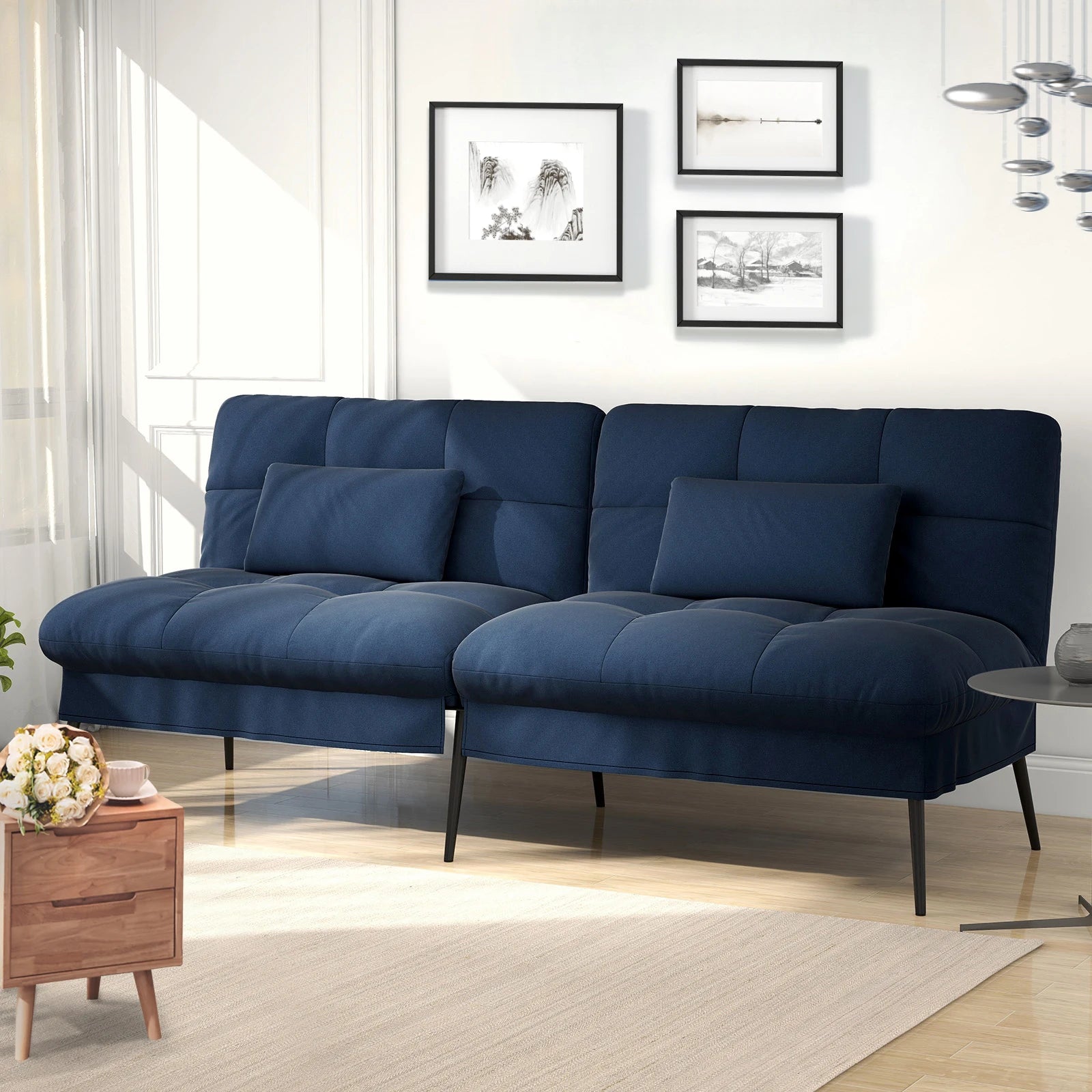 3-Zits Opvouwbare Slaapbank – Futon Hoekbank met Verstelbare Rugleuning – Grijs Stoffen Sofa Bed