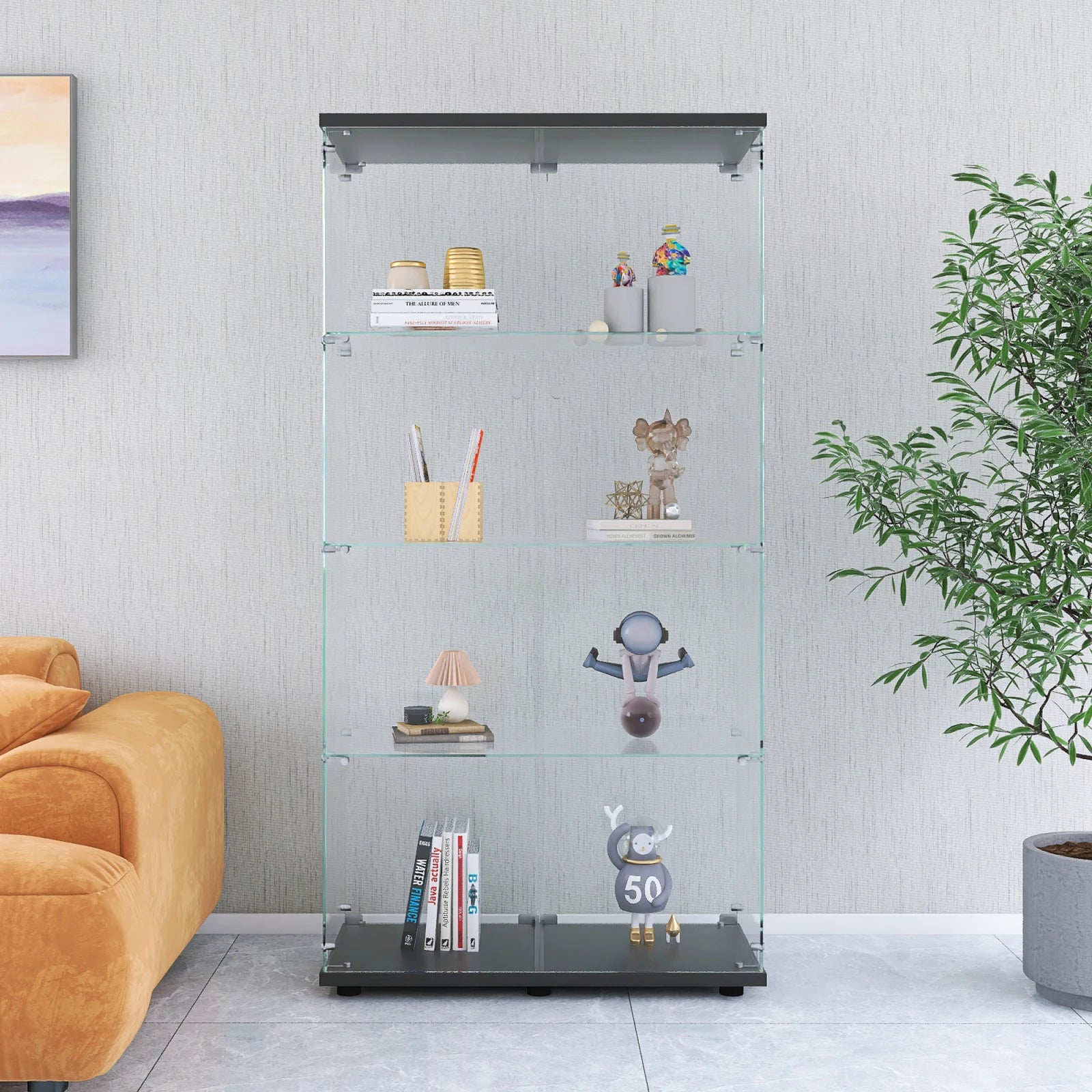 Staande LED Vitrinekast met 4 Niveaus – Moderne Displaykast voor Woonkamer & Slaapkamer