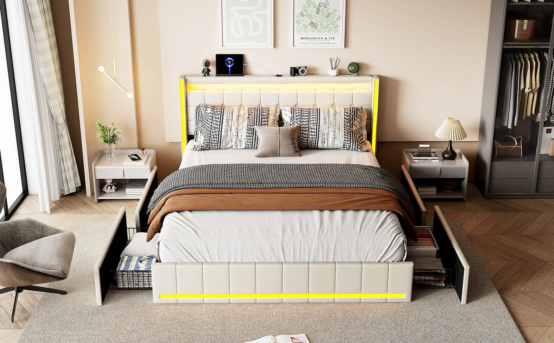 Linnen Bed 140-160x200 cm met Opberglades, LED Verlichting & USB Oplaadpoorten
