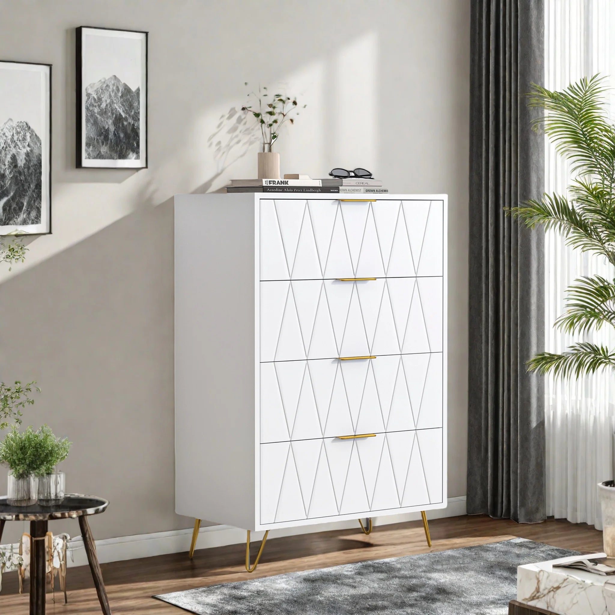 Ladekast 6 Laden – Moderne Dressoir Kast MDF met Gouden Handgrepen en Metalen Poten – Opbergkast voor Woonkamer en Slaapkamer