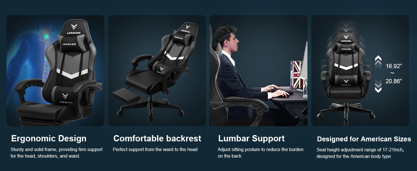 Ergonomische Gamingstoel met Voetensteun en Verstelbare Rugleuning – Comfortabele Bureaustoel met Lendensteun en Hoofdsteun