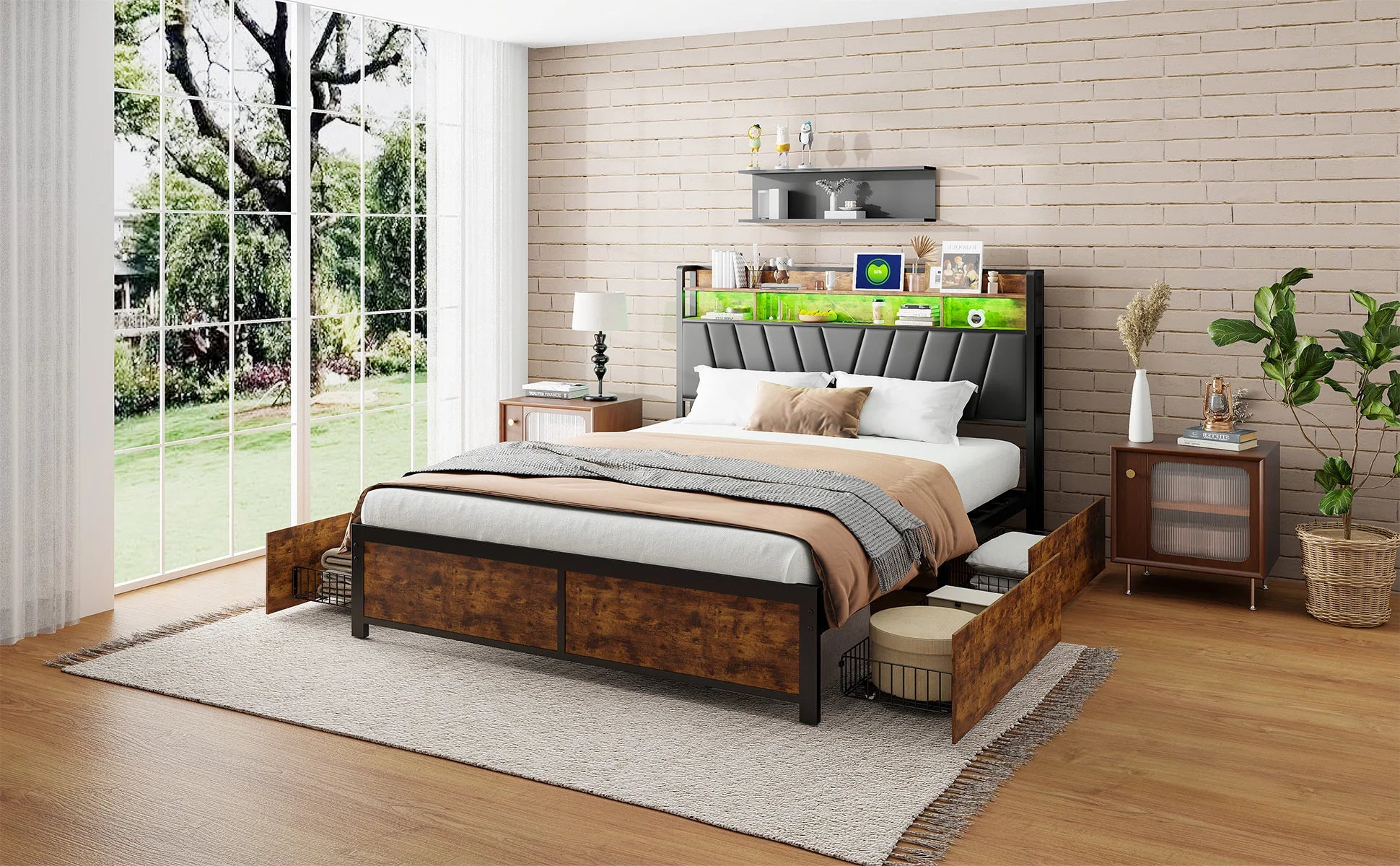Tweepersoonsbedframe met LED‑verlichting en opbergruimte – 140‑180×200 cm