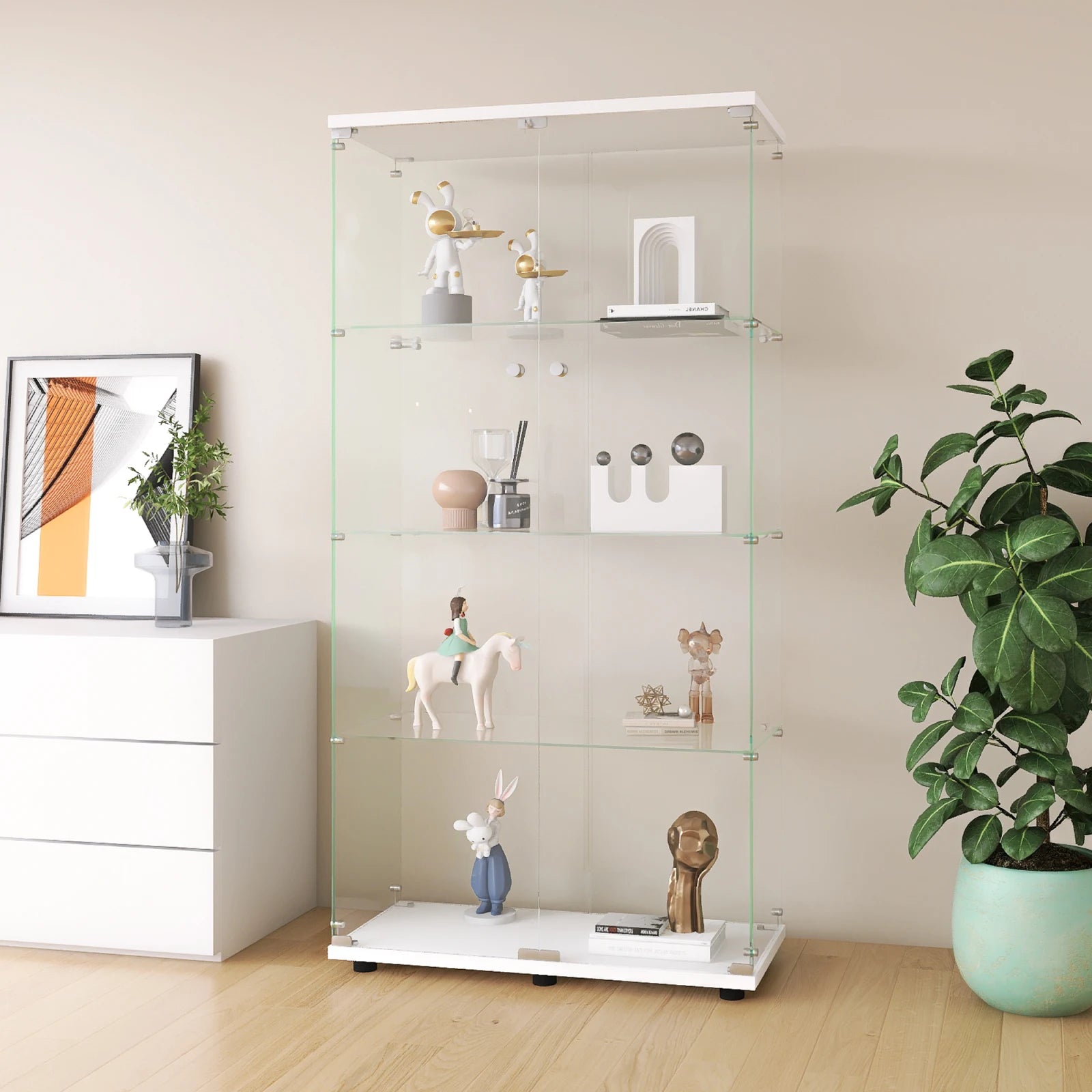 Staande LED Vitrinekast met 4 Niveaus – Moderne Displaykast voor Woonkamer & Slaapkamer