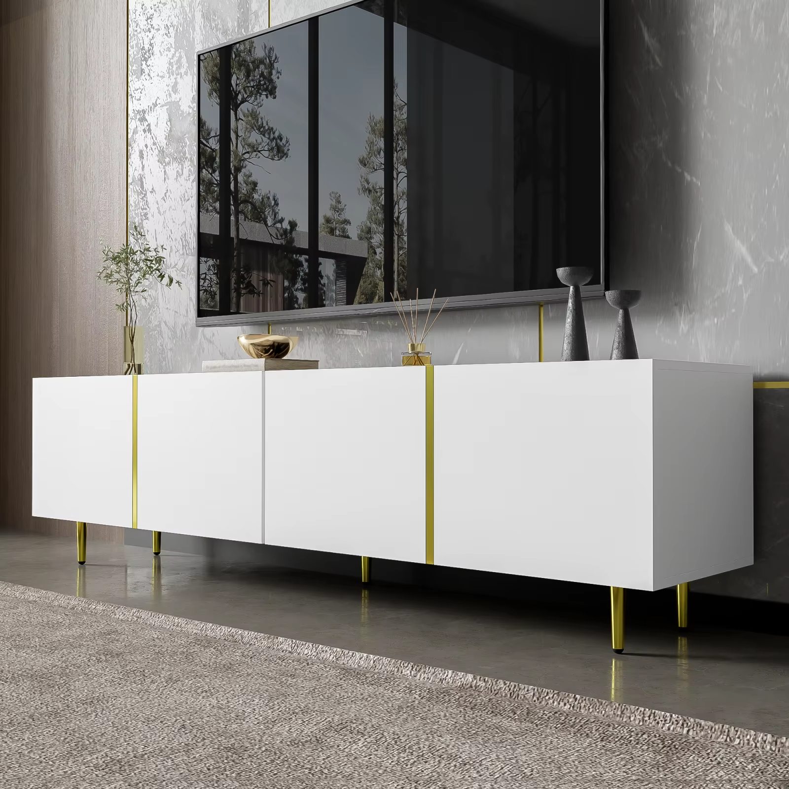 TV-Meubel Zwart Hoogglans met 4 Deuren – Moderne TV Kast met Opbergruimte en Gouden Accenten
