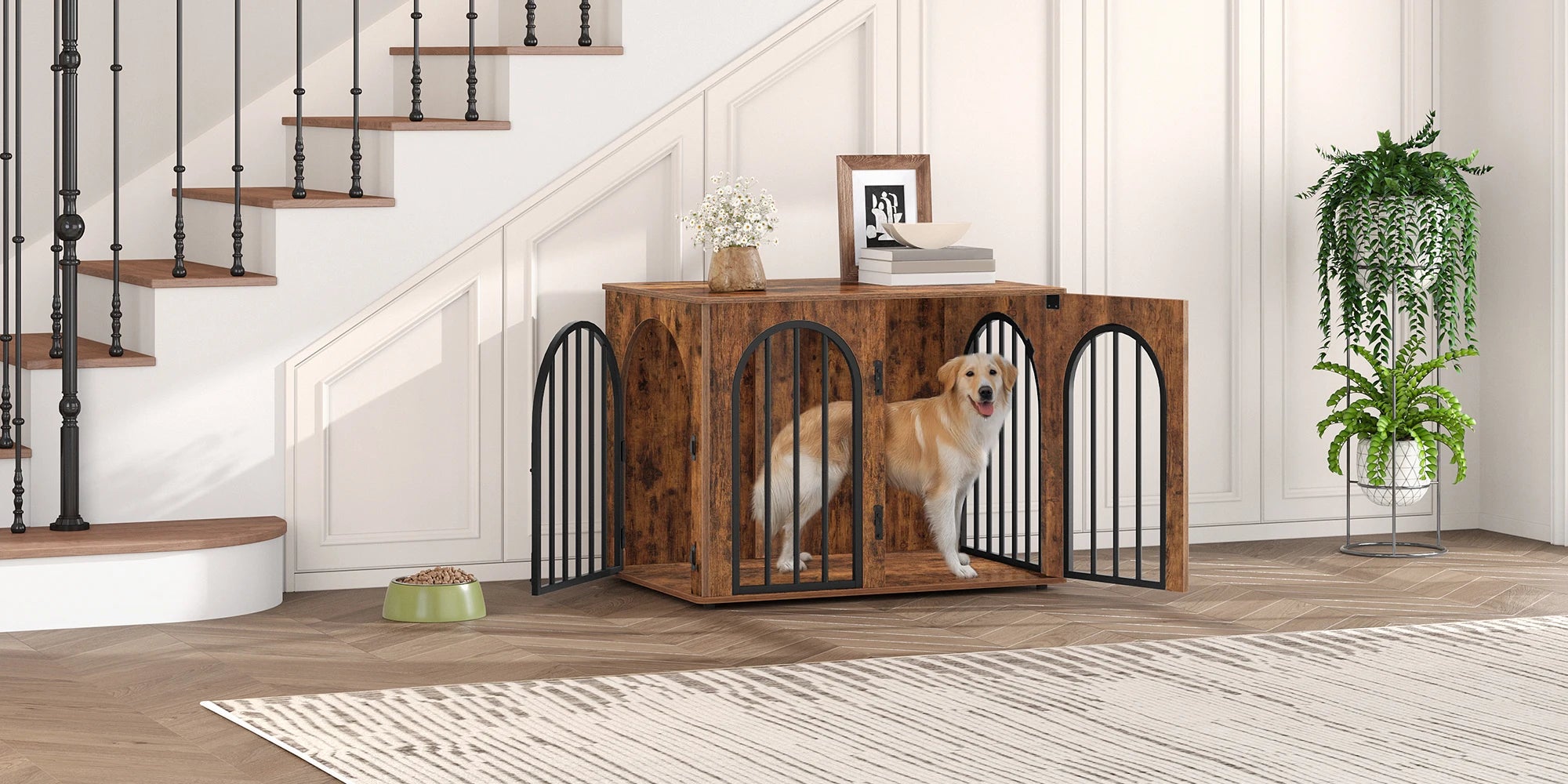 Houten Hondenbench Meubel 80 cm – Design Hondenkooi met 3 Deuren – Moderne Indoor Bench & Bijzettafel