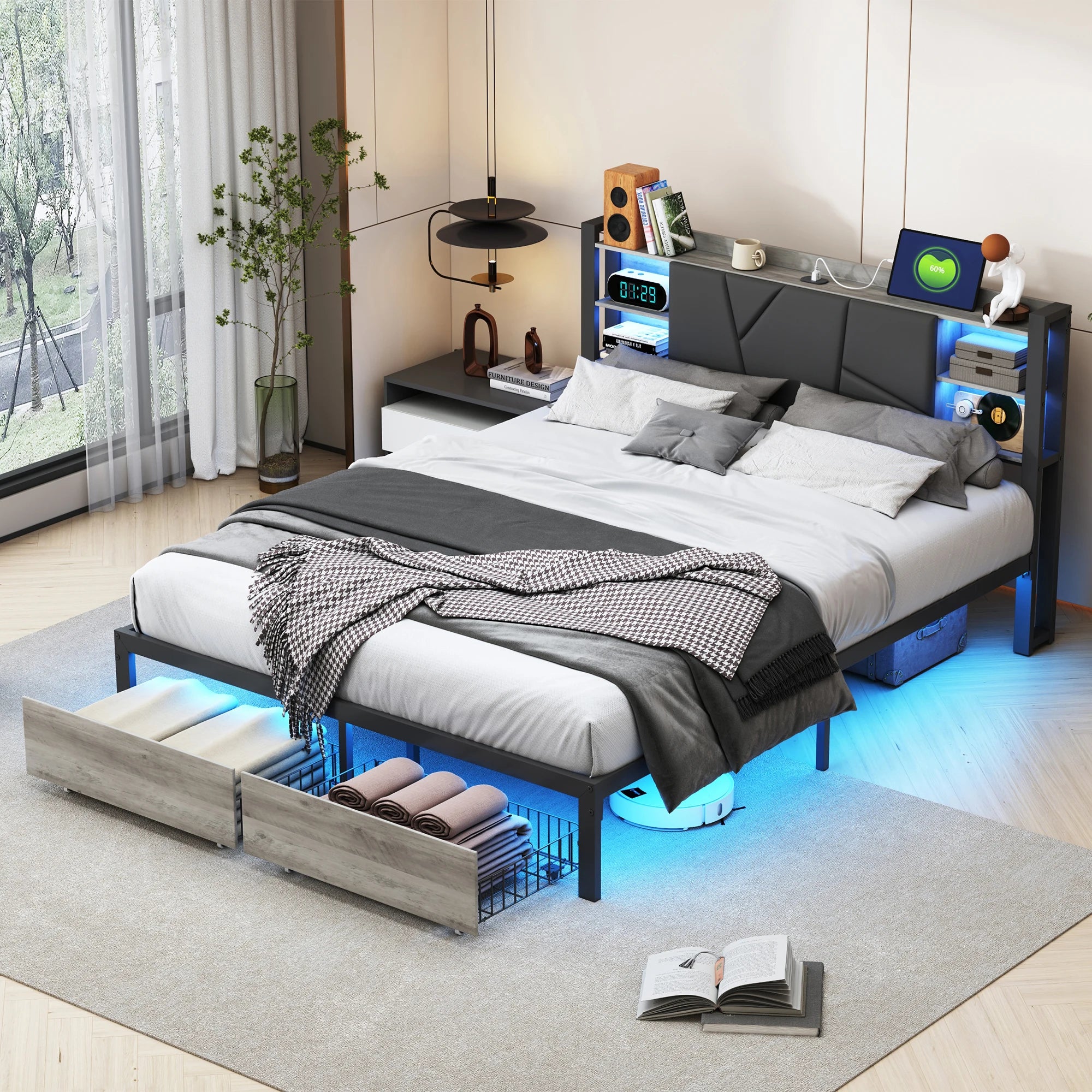 Gestoffeerd Tweepersoonsbed met Lade‑Opbergruimte, LED‑Verlichting en USB‑Oplaadpoort – 140/160/180 × 200 cm