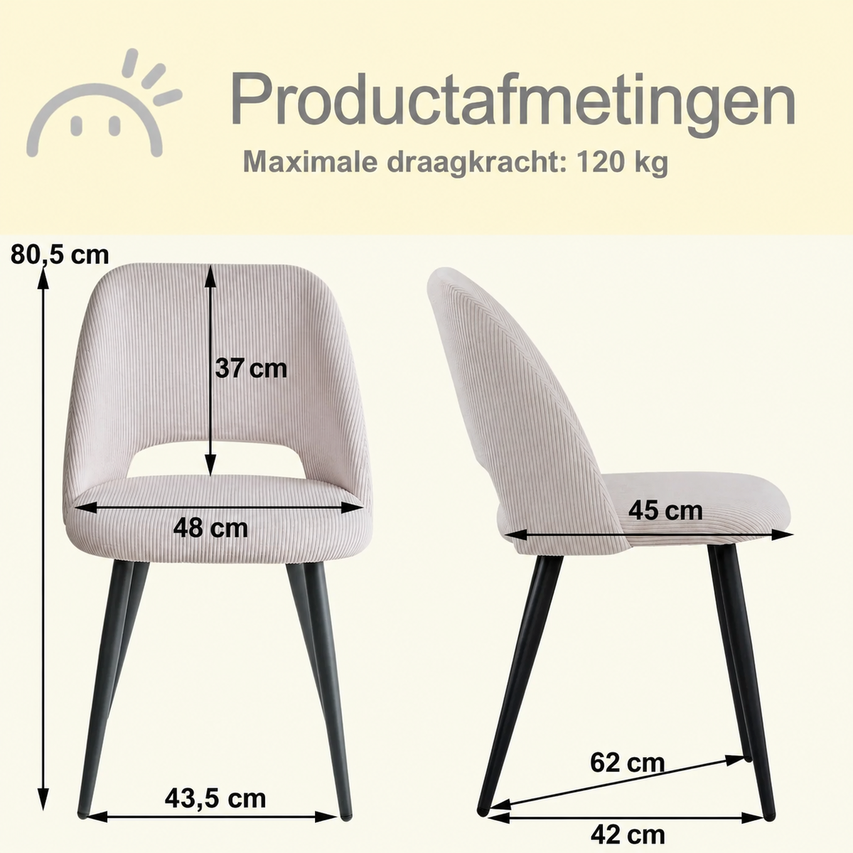 Set van 4 Corduroy Eetkamerstoelen – Beige Ribstof Stoelen met Rugleuning & Zwarte Metalen Poten – Scandinavisch Design