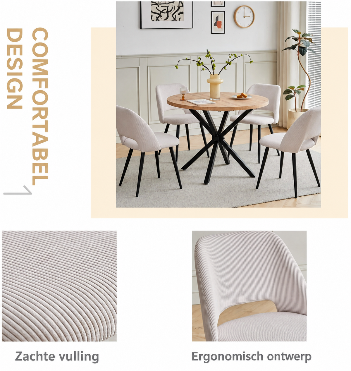 Set van 4 Corduroy Eetkamerstoelen – Beige Ribstof Stoelen met Rugleuning & Zwarte Metalen Poten – Scandinavisch Design
