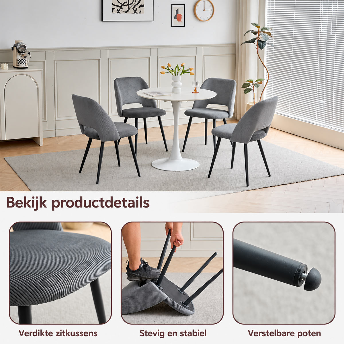Set van 4 Corduroy Eetkamerstoelen – Beige Ribstof Stoelen met Rugleuning & Zwarte Metalen Poten – Scandinavisch Design