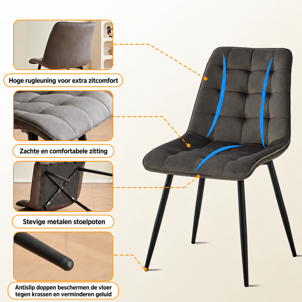 Set van 4 Velvet Eetkamerstoelen – Donkergrijze Fluwelen Stoelen met Ergonomische Rugleuning & Zwarte Metalen Poten – Modern Design