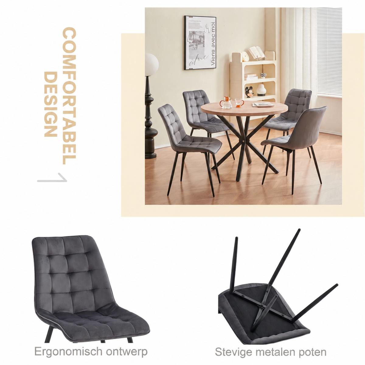 Set van 4 Velvet Eetkamerstoelen – Donkergrijze Fluwelen Stoelen met Ergonomische Rugleuning & Zwarte Metalen Poten – Modern Design