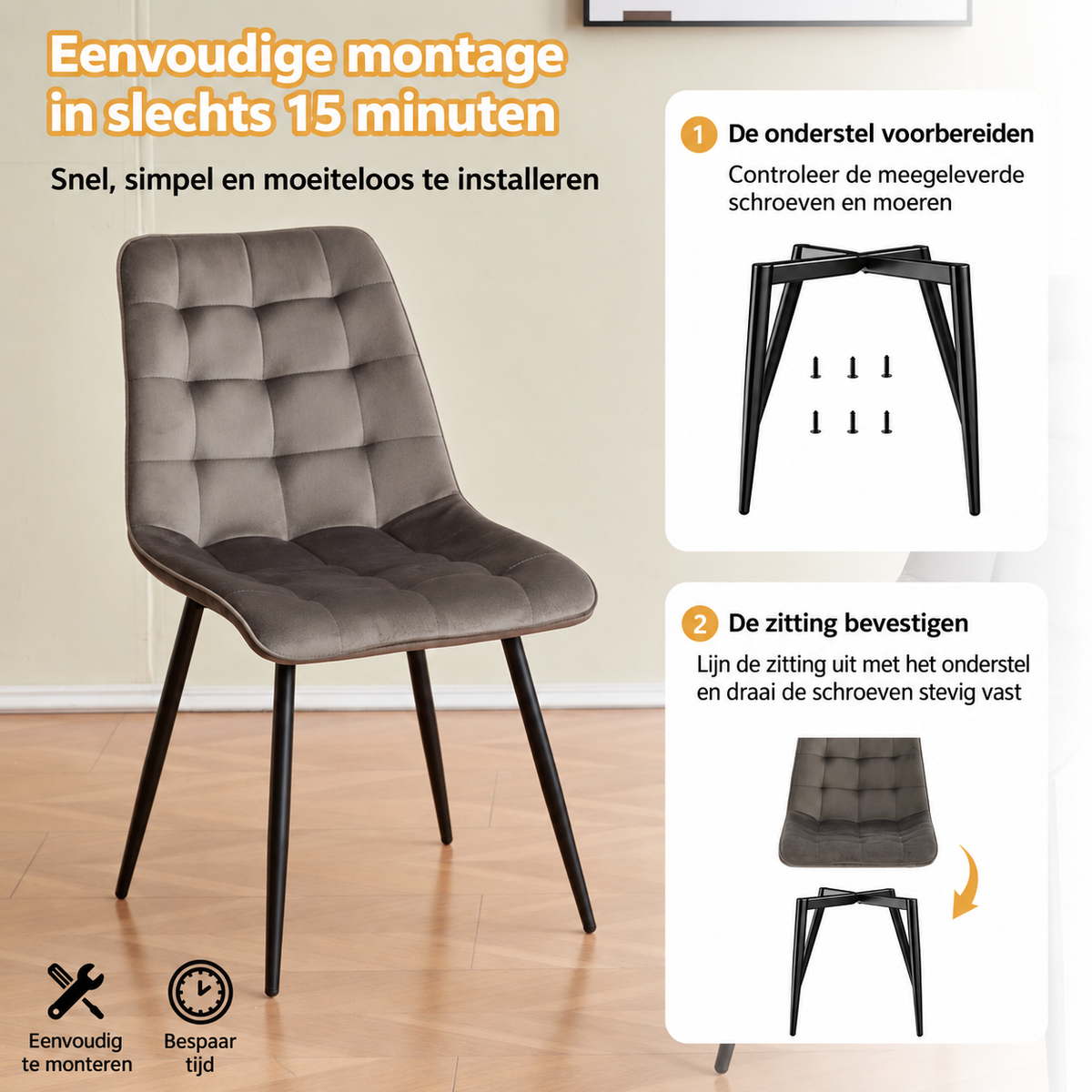 Set van 4 Velvet Eetkamerstoelen – Donkergrijze Fluwelen Stoelen met Ergonomische Rugleuning & Zwarte Metalen Poten – Modern Design