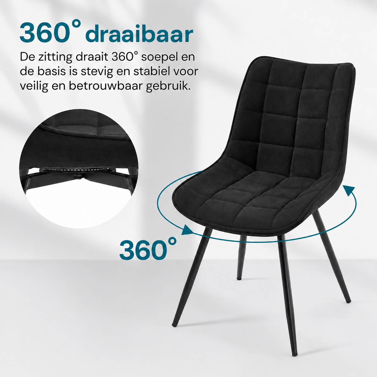 4-delige Set Draaibare Eetkamerstoelen Zwart Fluweel – 360° Velvet Stoelen met Metalen Poten – Moderne Luxe Eetkamerstoelen
