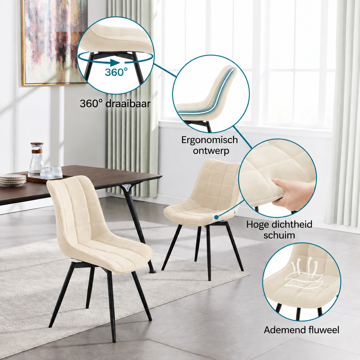 4-delige Set Draaibare Eetkamerstoelen Zwart Fluweel – 360° Velvet Stoelen met Metalen Poten – Moderne Luxe Eetkamerstoelen