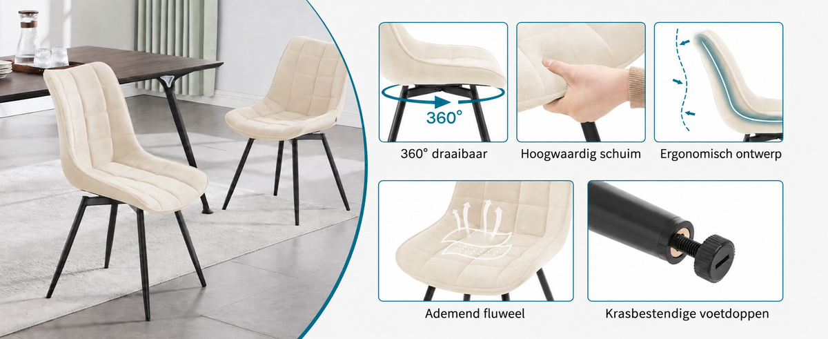 4-delige Set Draaibare Eetkamerstoelen Zwart Fluweel – 360° Velvet Stoelen met Metalen Poten – Moderne Luxe Eetkamerstoelen