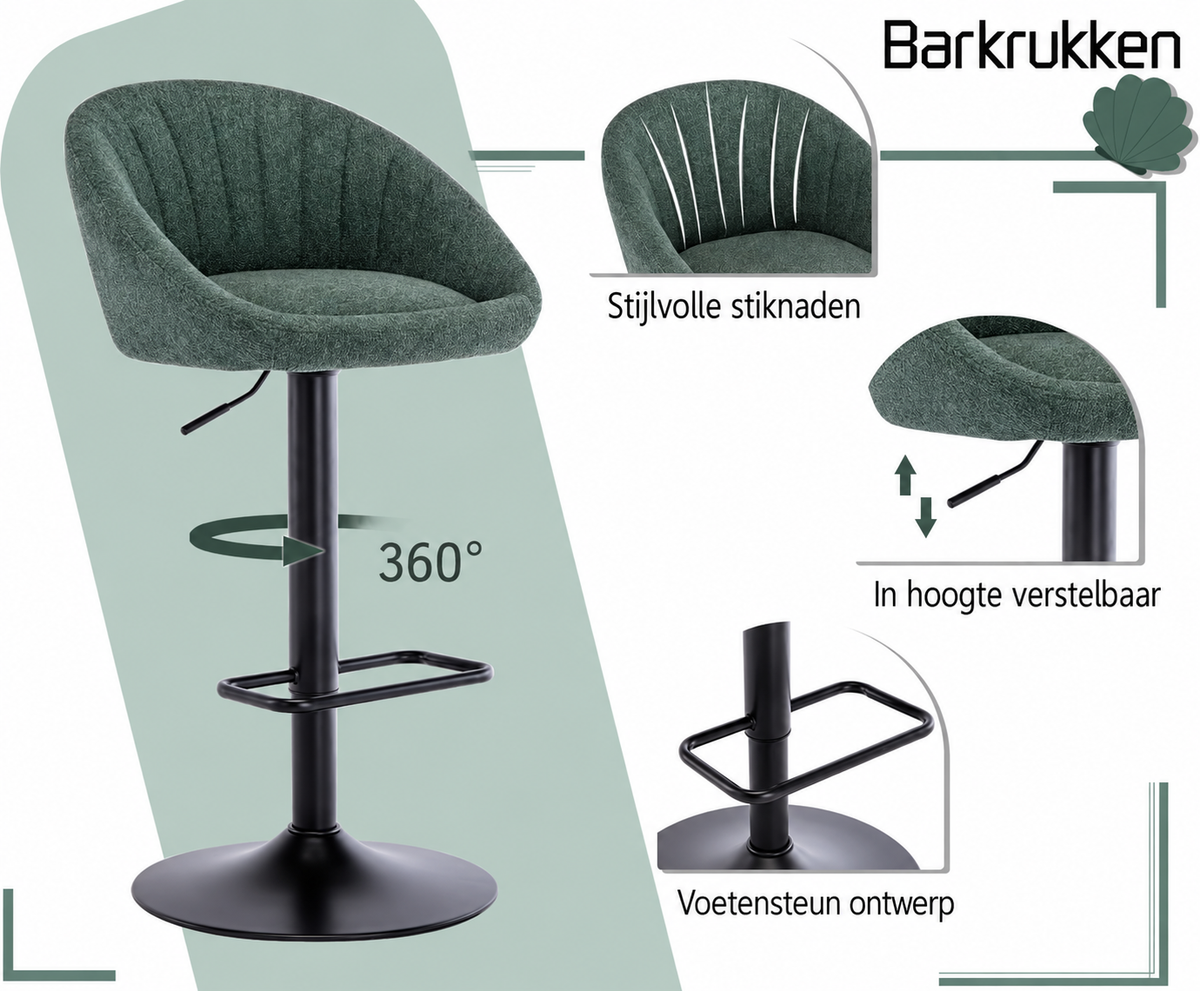Set van 2 Barstoelen – Draaibare Barkrukken met Rugleuning, Verstelbare Hoogte & Voetensteun – Groen