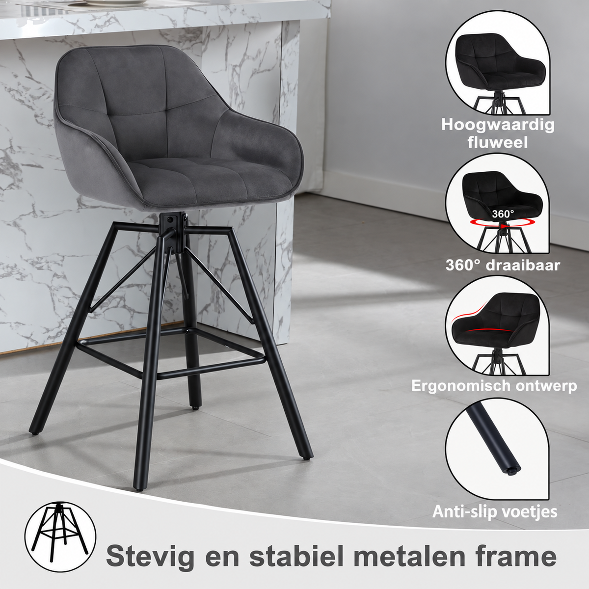 Set van 4 Draaibare Velvet Barstoelen – Zwarte Barkrukken met Rugleuning, Armleuningen & Voetensteun – 360° Draaibaar – Zithoogte 72 cm