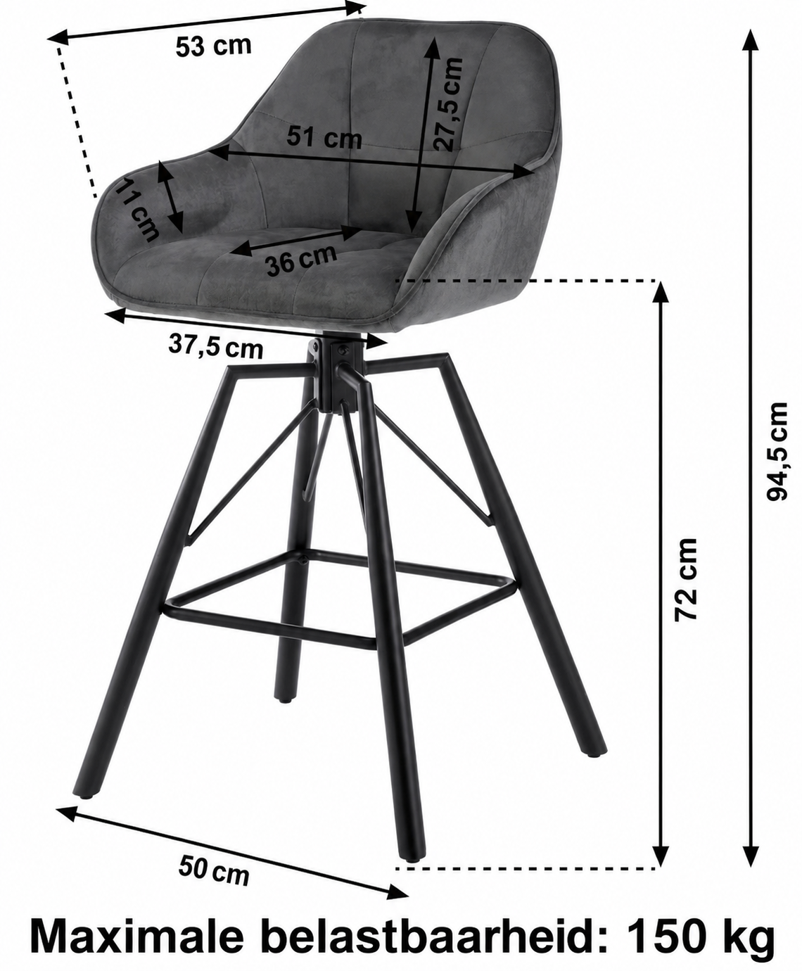 Set van 4 Draaibare Velvet Barstoelen – Zwarte Barkrukken met Rugleuning, Armleuningen & Voetensteun – 360° Draaibaar – Zithoogte 72 cm