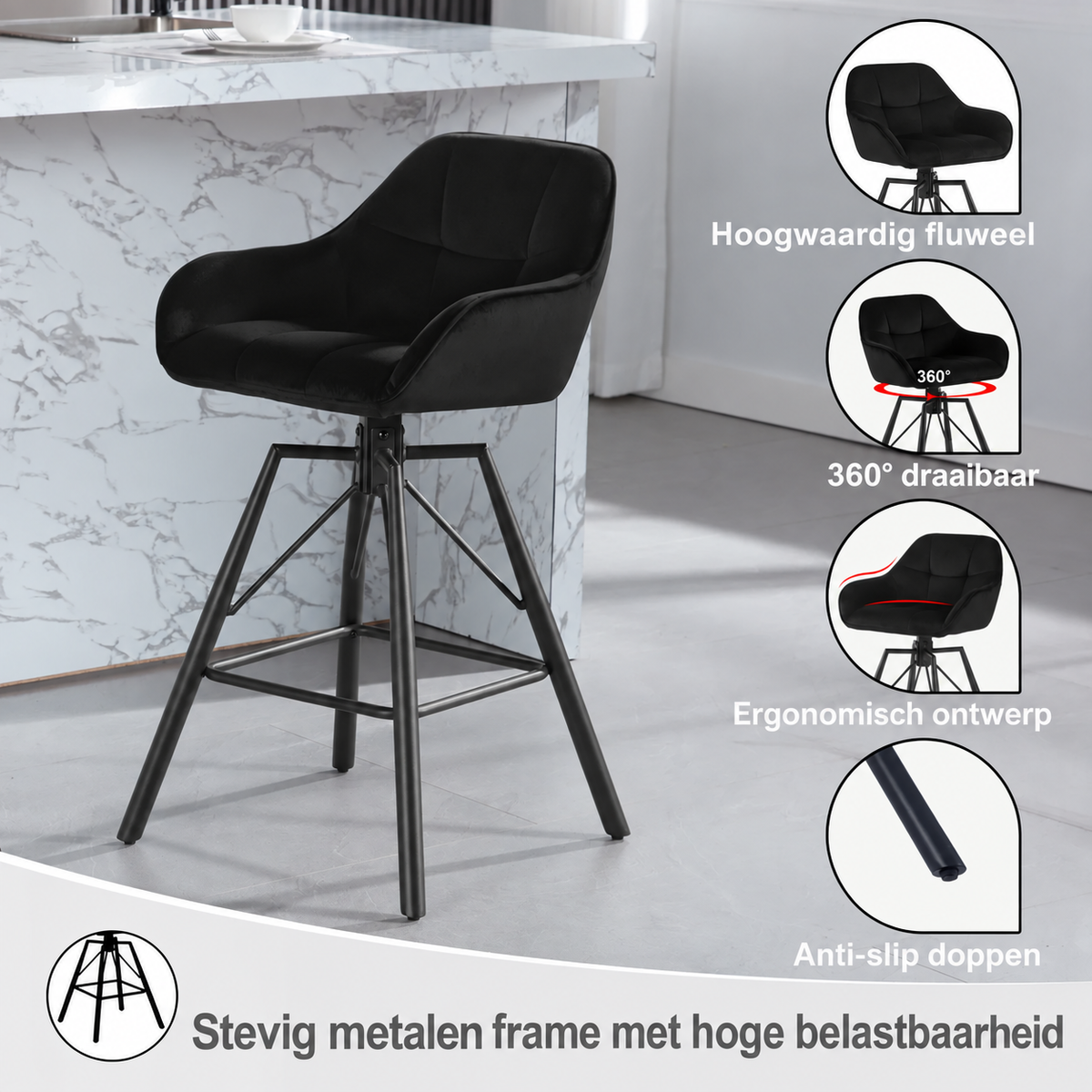 Set van 4 Draaibare Velvet Barstoelen – Zwarte Barkrukken met Rugleuning, Armleuningen & Voetensteun – 360° Draaibaar – Zithoogte 72 cm