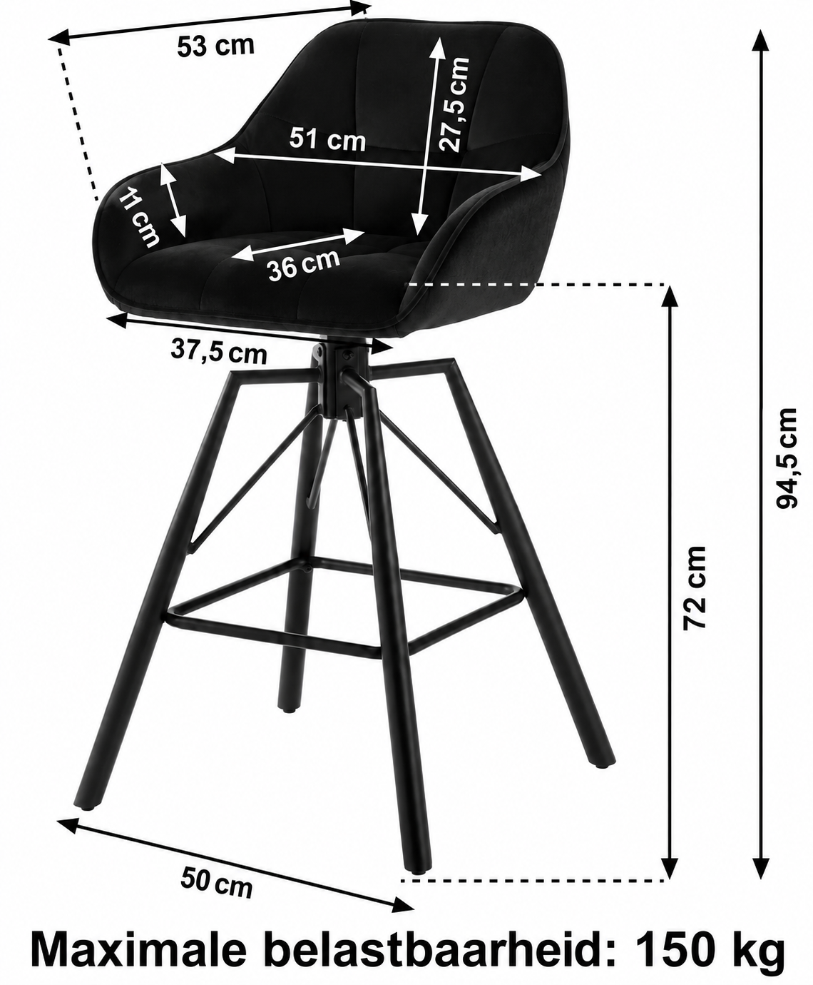 Set van 4 Draaibare Velvet Barstoelen – Zwarte Barkrukken met Rugleuning, Armleuningen & Voetensteun – 360° Draaibaar – Zithoogte 72 cm