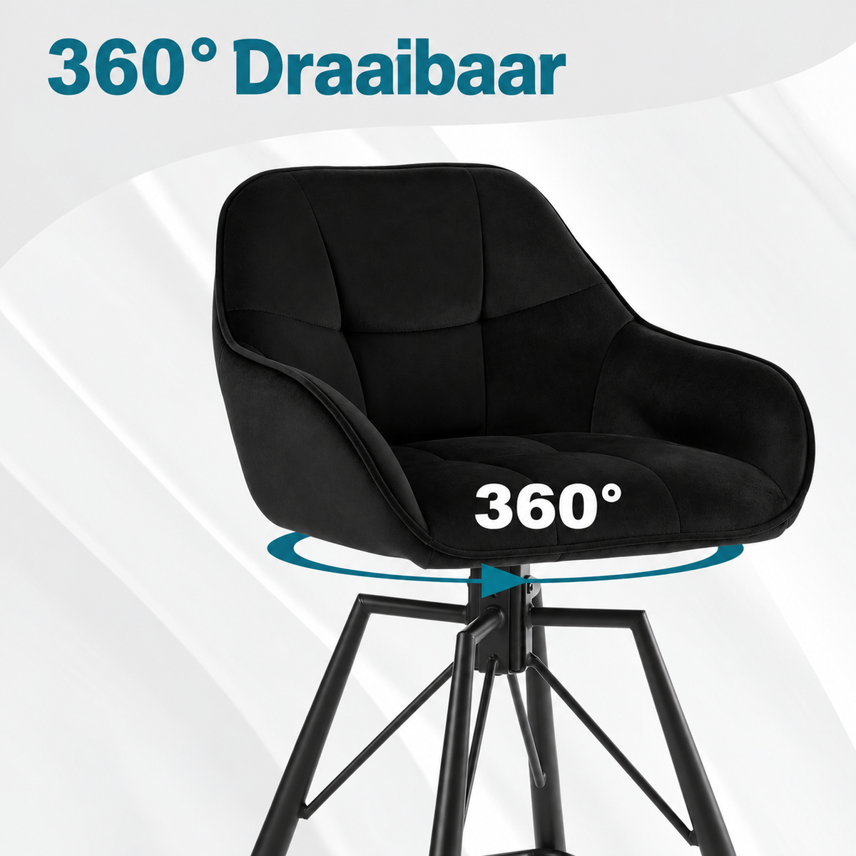 Set van 4 Draaibare Velvet Barstoelen – Zwarte Barkrukken met Rugleuning, Armleuningen & Voetensteun – 360° Draaibaar – Zithoogte 72 cm