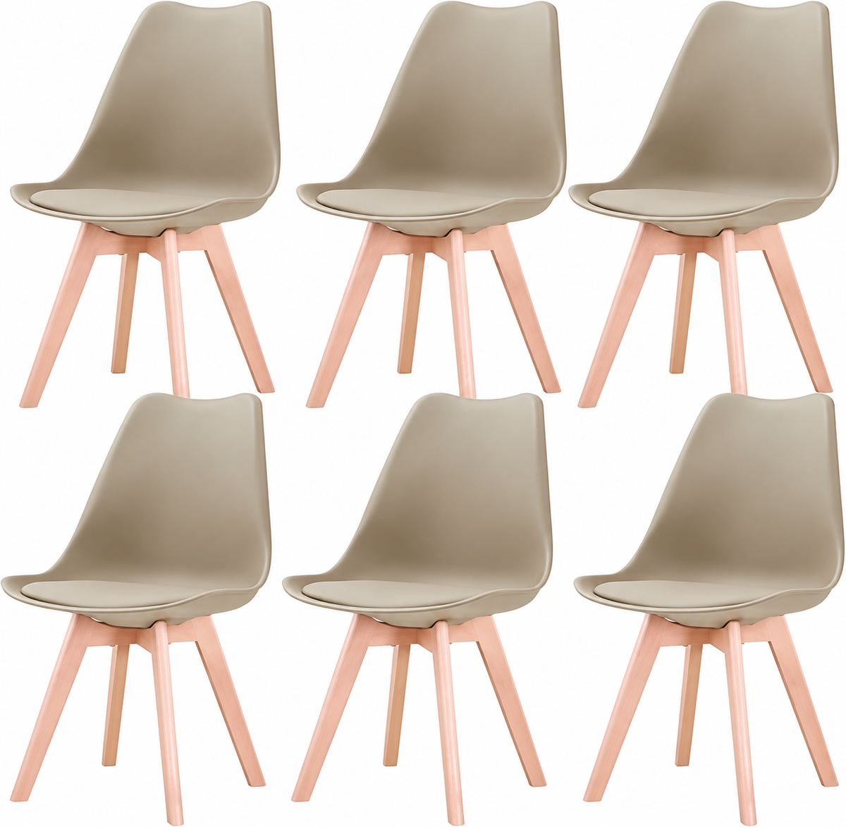 Set van 6 Eetkamerstoelen – Stoelen met Rugleuning & Beukenhouten Poten – Scandinavisch Design – Khaki