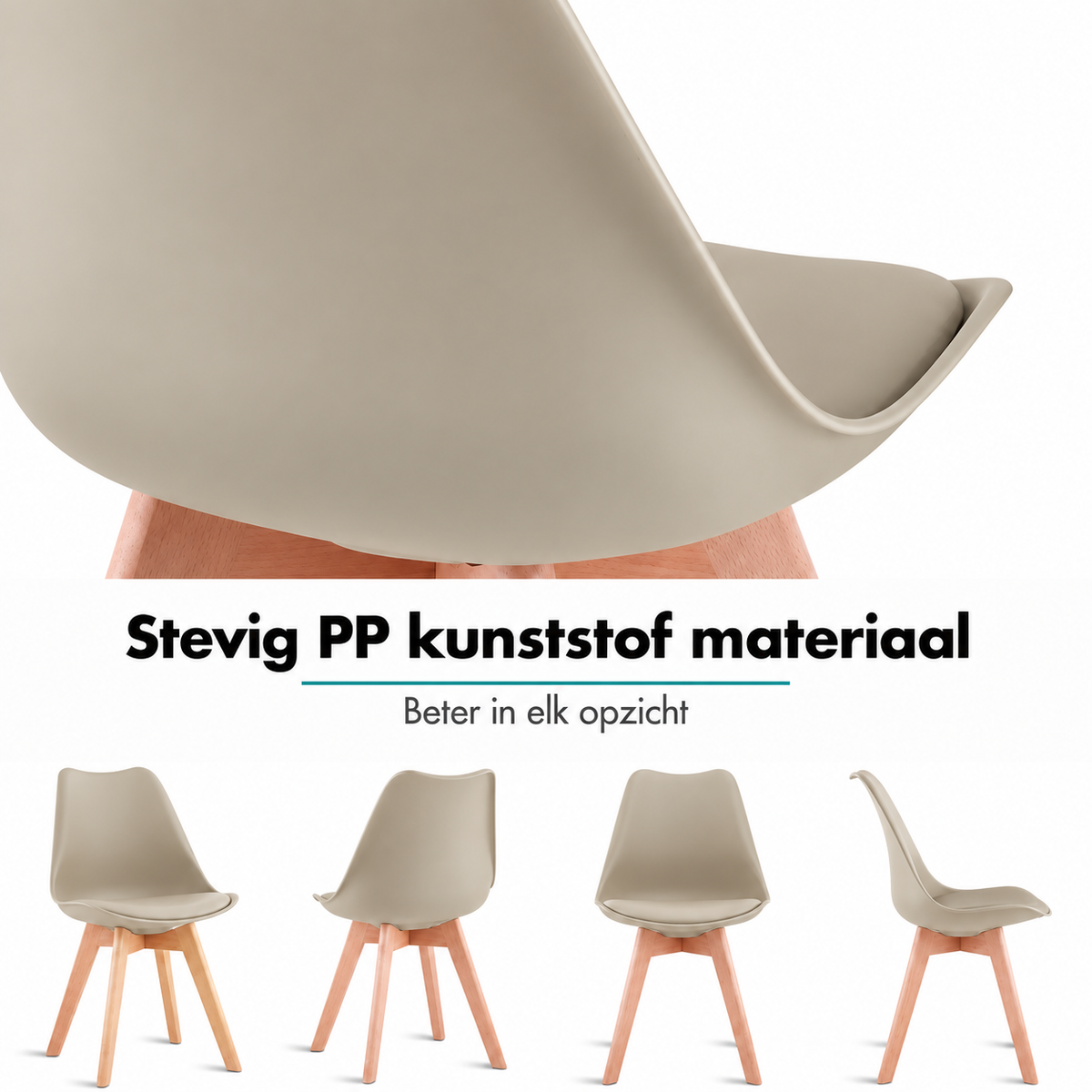 Set van 6 Eetkamerstoelen – Stoelen met Rugleuning & Beukenhouten Poten – Scandinavisch Design – Khaki