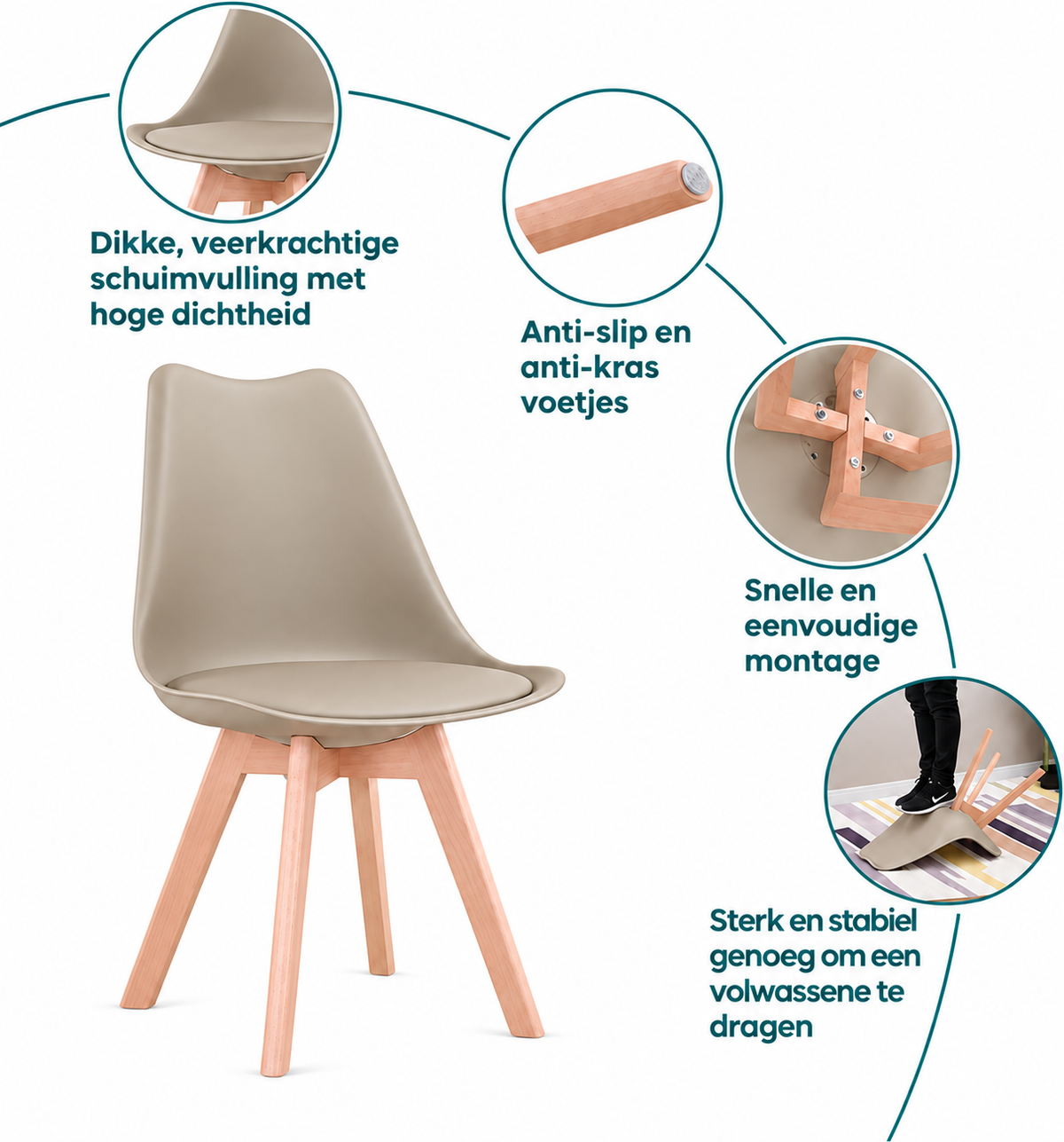 Set van 6 Eetkamerstoelen – Stoelen met Rugleuning & Beukenhouten Poten – Scandinavisch Design – Khaki