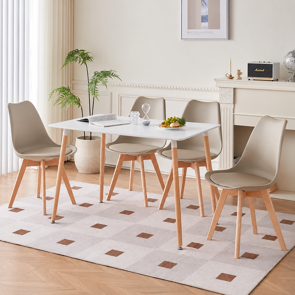 Set van 6 Eetkamerstoelen – Stoelen met Rugleuning & Beukenhouten Poten – Scandinavisch Design – Khaki