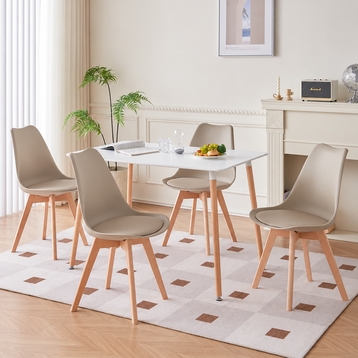 Set van 6 Eetkamerstoelen – Stoelen met Rugleuning & Beukenhouten Poten – Scandinavisch Design – Khaki