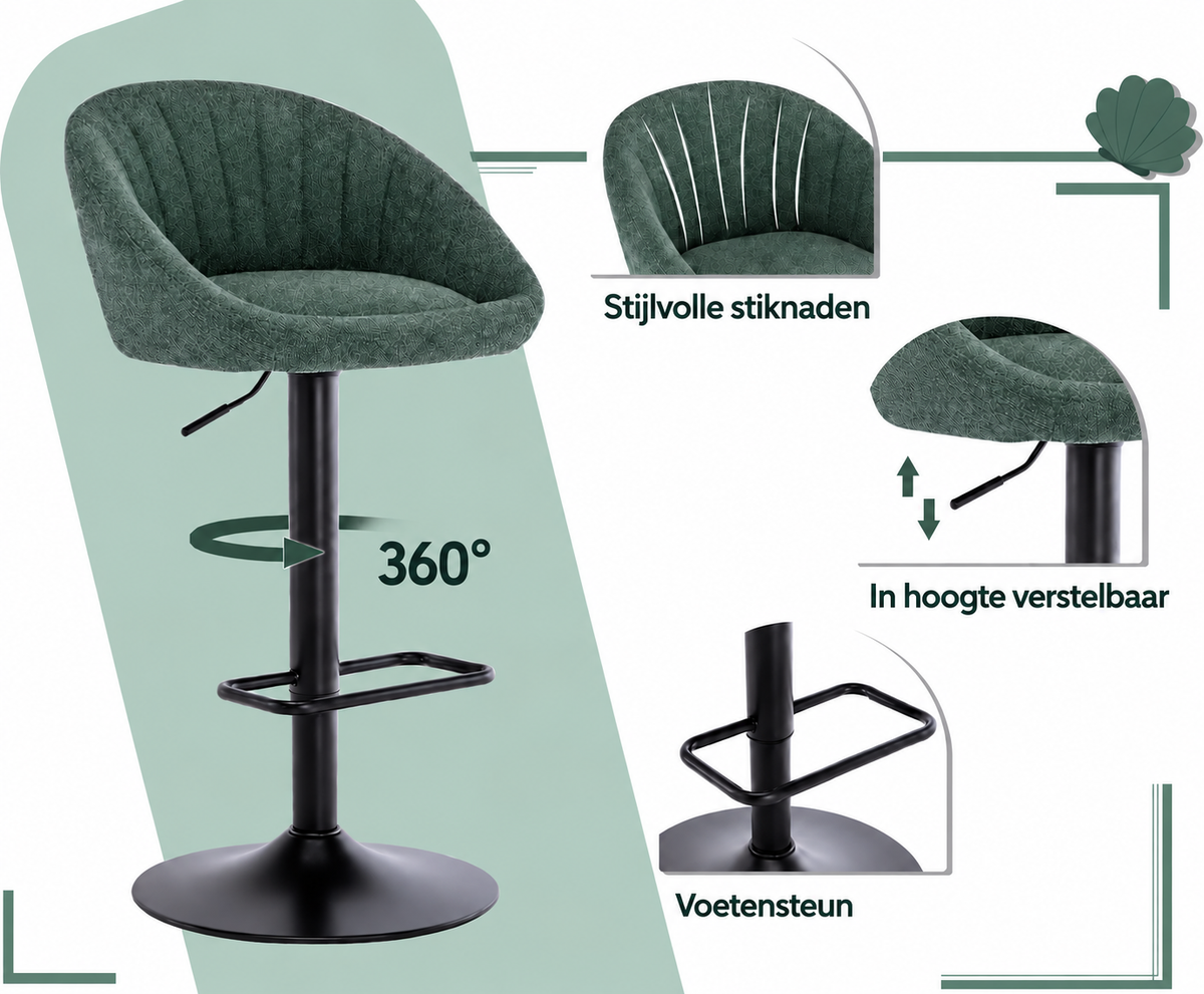 Set van 2 Barstoelen – Draaibare Barkrukken met Rugleuning, Verstelbare Hoogte & Voetensteun – Groen