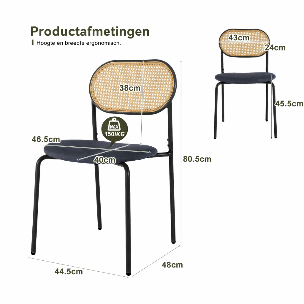 Retro Eetkamerstoelen Set van 2 met Rieten Rugleuning – Comfortabele Gestoffeerde Zitting, Stevig IJzeren Frame, Antislipvoetjes – Voor Keuken, Eetkamer & Terras
