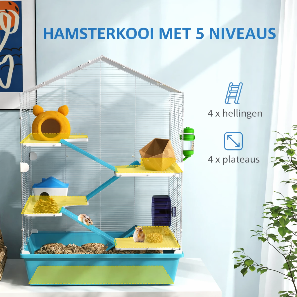 Hamsterkooi met 5 Niveaus en Accessoires – Ruime Knaagdierkooi met Loopwiel en Platforms (58x36x81 cm)