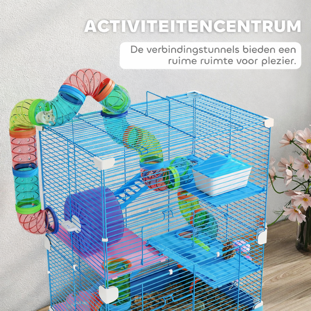 Luxe Hamsterkooi met Tunnel en Drinkbak – 5-Laags Knaagdierverblijf – 46x30x58 cm – Antraciet/Blauw