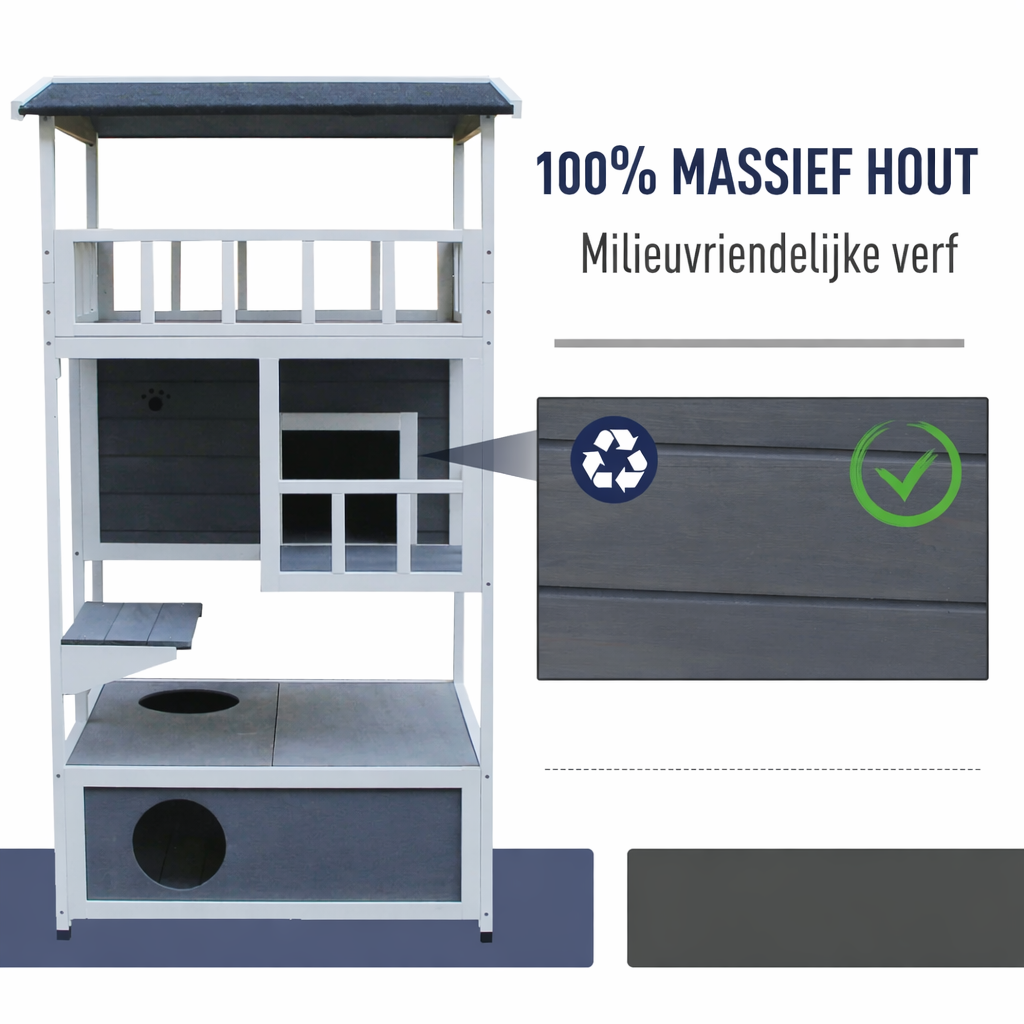 Houten Kattenhuis Buiten & Binnen – 3 Verdiepingen, Weerbestendig Dak, 78x76x140 cm Grijs/Wit