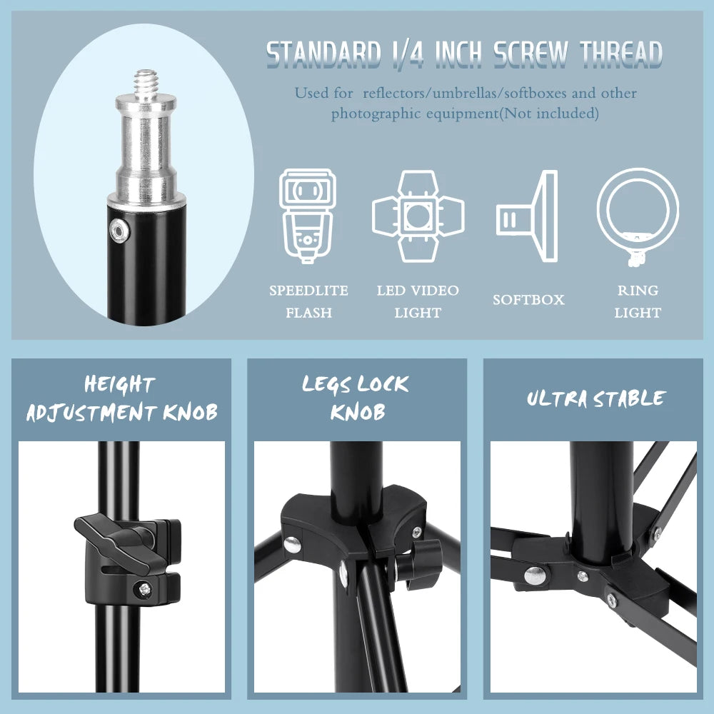 Draagbaar Selfie Lichtstatief 37–200 cm – Verstelbaar Tripod voor Smartphone, Camera en LED Ringlicht