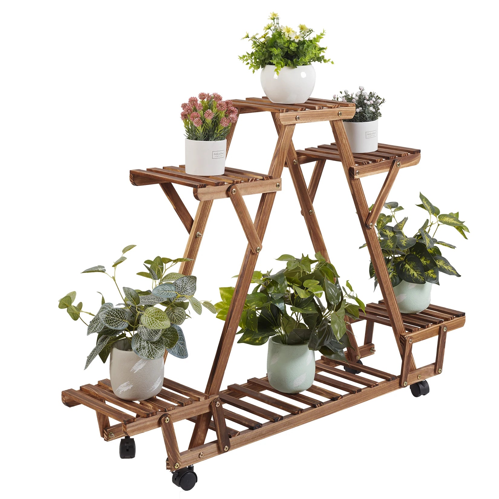 Driehoekig Plantenrek met Wielen – 6 Lagen Houten Bloemenstandaard voor Binnen & Balkon