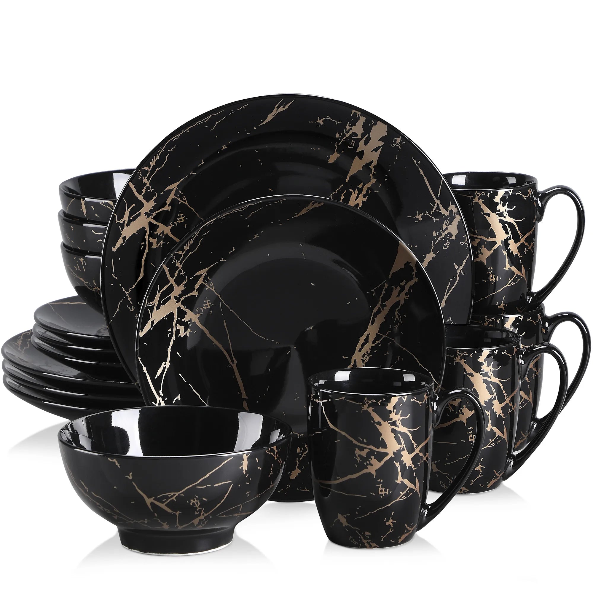 Zwart Porselein Serviesset met Gouden Accenten – 16/32/48 Delig Modern Servies voor 4-12 Personen