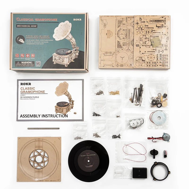 Houten Handmatige Grammofoon Puzzel – 424-delige 3-snelheden DIY Bouwpakket voor Kinderen en Hobbyisten