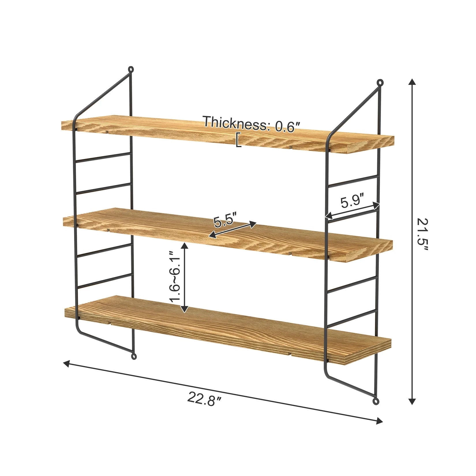 Moderne Zwevende Wandplanken 23 Inch – Industrieel Wandrek met Metaal en Hout = 3-Laags Verstelbare Wandplank