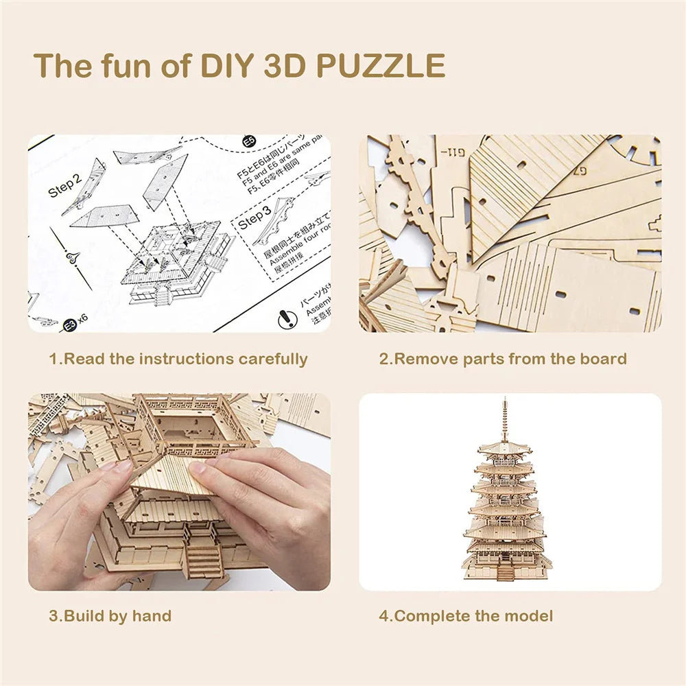 3D Houten Pagode Bouwset 275-delig – Creatief Bouwspeelgoed voor Kinderen en Volwassenen – DIY Puzzel en Decoratie