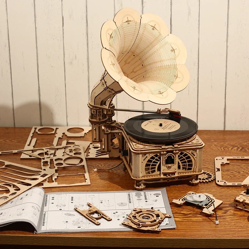Houten Handmatige Grammofoon Puzzel – 424-delige 3-snelheden DIY Bouwpakket voor Kinderen en Hobbyisten